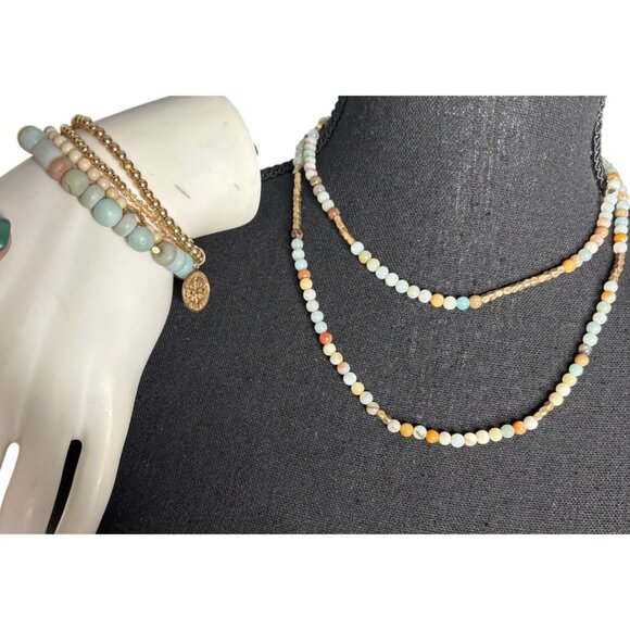 Set Of Semi-Precious Gemstone Beaded Bracelets with Coin Charm & Necklace - Picture 1 of 7